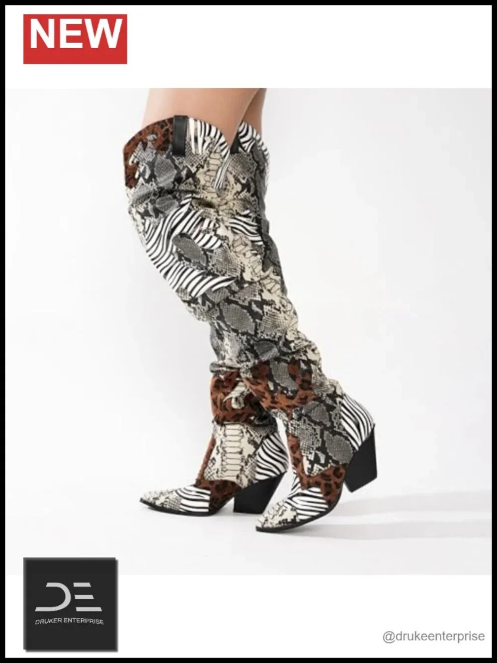 Thigh High Cowboy Boots Faux Snakeskin Chunky Heel